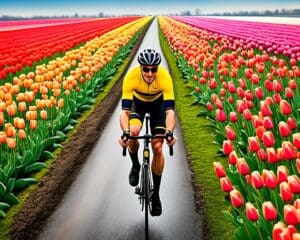 Ciclismo en los campos de tulipanes de Países Bajos