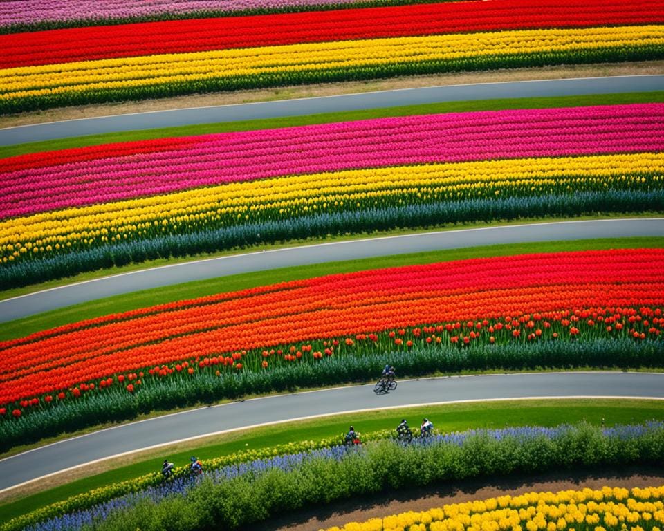 ciclismo en los campos de tulipanes de Países Bajos